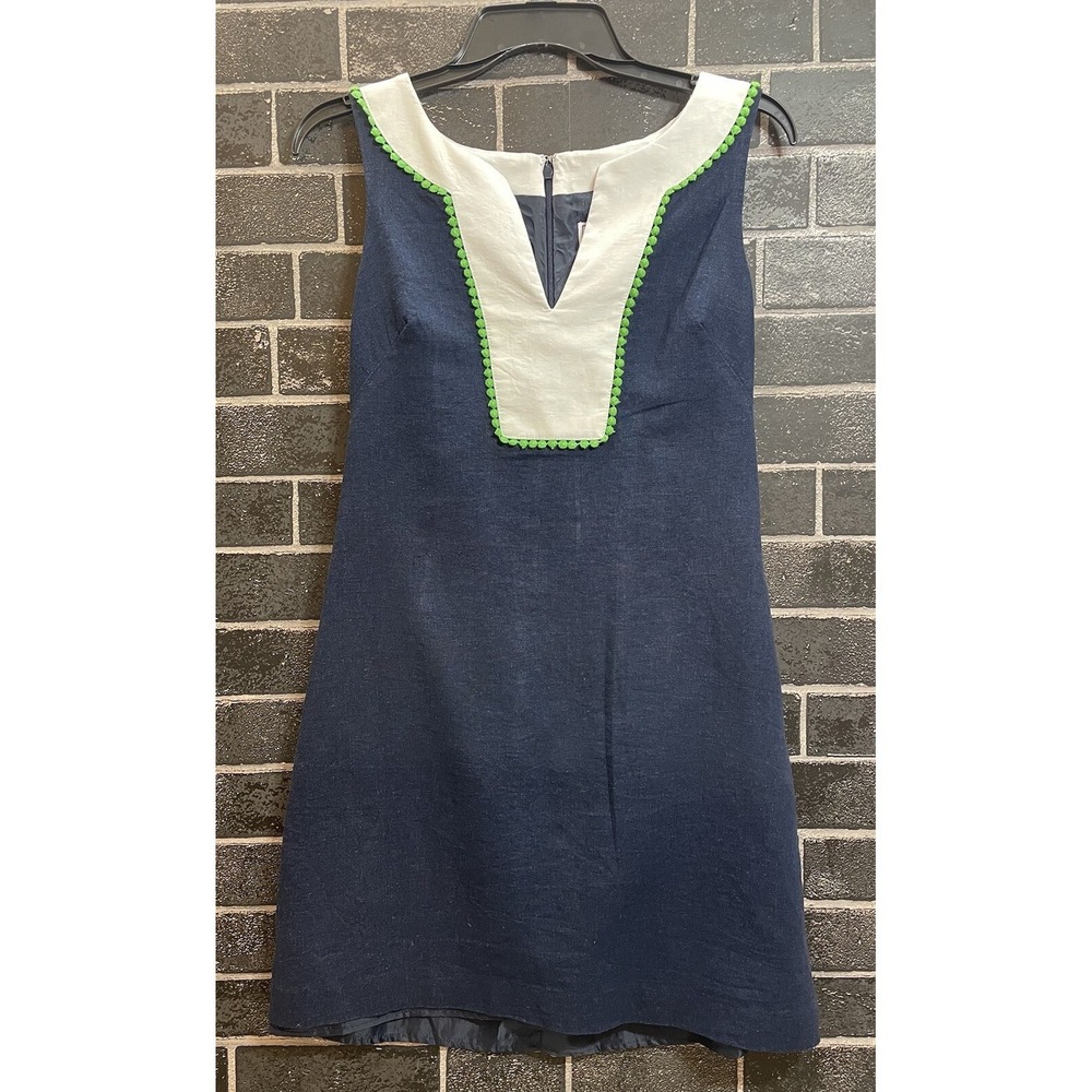 J Jessica Howard Linen Blend Dress Size 6 Navy Green Pom Pom
